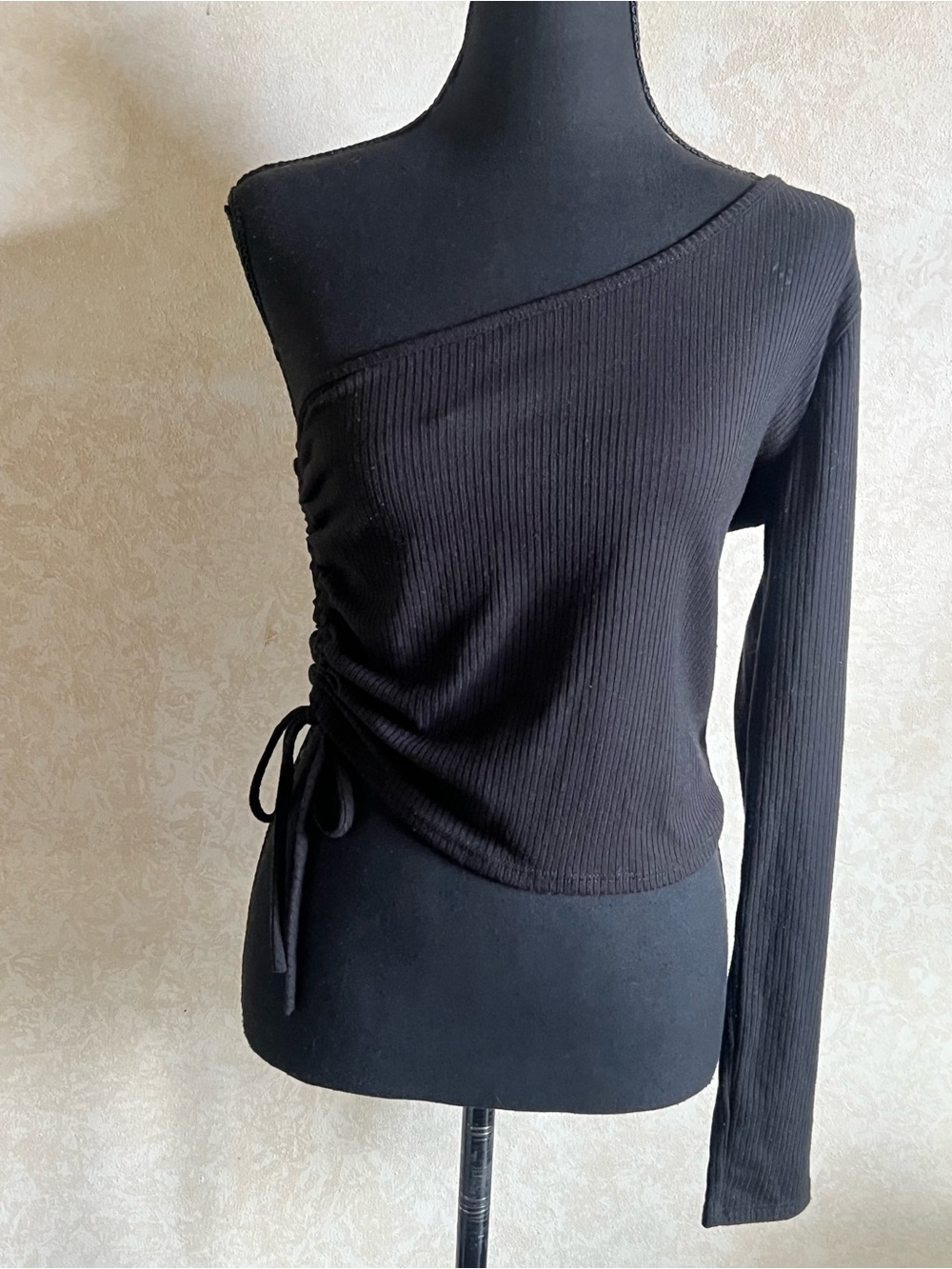 Caution To The Wind One-Shoulder Black Ribbed Long-Sleeve Top with Side Tie